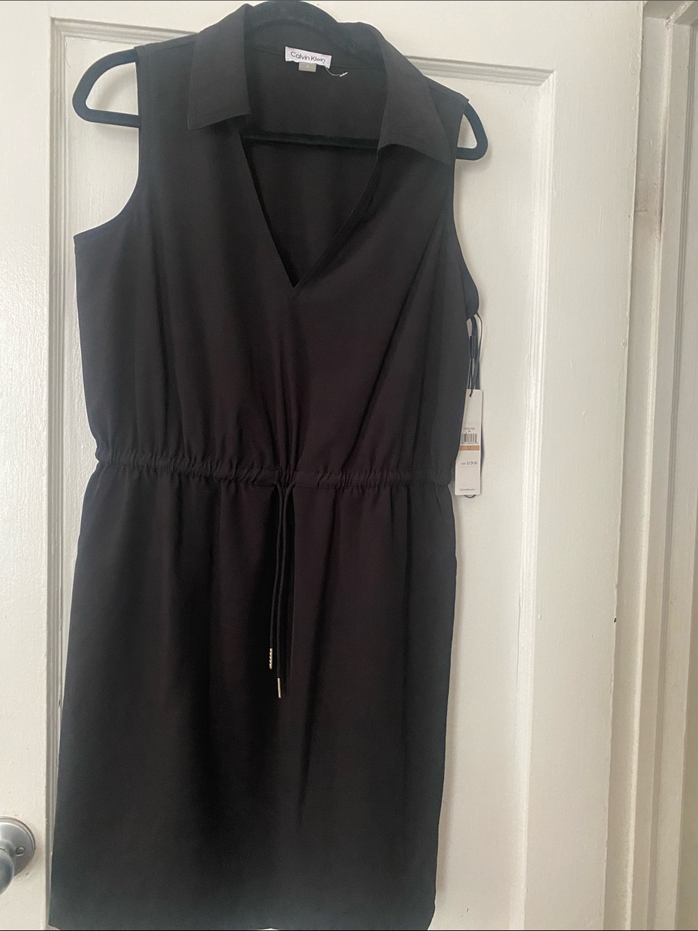 Calvin Klein Black Sleeveless V-Neck Midi Dress with Drawstring Waist - Picture 6 of 14
